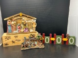 2 Nativity Scenes, Ho Ho Ho Sign, Happy Holiday Wooden Box