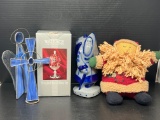 Eldreth Pottery Santa, Stained Glass Angel & Cross, Fabric Santa Figure & Musical Holiday Egg