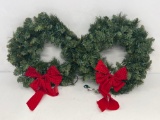 2 Artificial Pine Wreaths with Red Bows and Lights