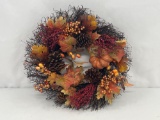 Autumn Wreath with Leaves, Pumpkins, Berries and Pine Cones