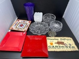 Clear Glass Bowls & Flower Frog, 2 Red Rectangular Trays, Floral Tray, Blue Vase, Gardener Sign