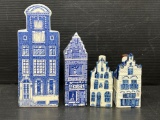 4 Blue & White Porcelain Buildings- 2 Smaller are Marked 