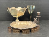 Silver Plate Lot- Pedestal Bowl, Footed Tray, Goblet, Napkin Rings, Candle Holder, Mouse