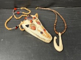 Tribal Jewelry with Alligator Skull on Necklace; Carved Bone Fishhook on Wooden Beaded Nut Necklace