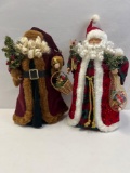 2 Fabric Santa Figures- One in Burgundy Coat, Other in Red Coat