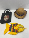 Black Tote with Sommelier, Colorful Fish Hot Pad and Straw Hat