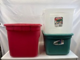 3 Storage Totes- Red, Clear and Green, Only Green Has Lid