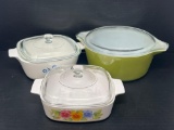 3 Lidded Casserole Dishes- Yellow Pyrex and 2 Others are Corning Ware