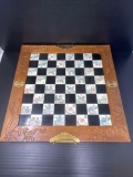 Oriental Dragon Motif Hinged Chessboard Case with Carved Game Pieces in Drawer