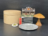 Vintage Myrtlewood Oregon Mushroom; Cracker Barrel 3D Diorama, Pewter Plate, New York Souvenir