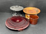 Metal Oriental Lantern, Elaborate Wood Turned Pedestal Bowl, Crock and Pottery Lid