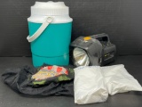 Plastic Beverage Cooler, Energizer Halogen Flashlight, Rain Ponchos, Tote Bag