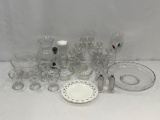 Glassware Grouping- Includes Candle Holders, Shakers, Vases, Sherbets, Platter, Milk Glass Plate