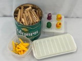 Folgers Tin of Wooden Clothespins, Plastic Corn Holders, Popsicle Molds, Ice Cube Tray