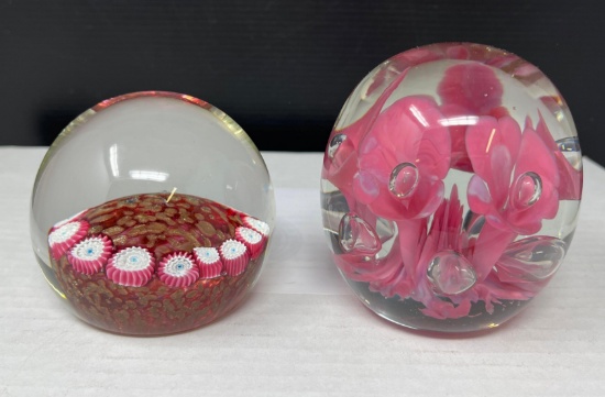 2 Art Glass Paperweights- Millefiori and Pink Floral