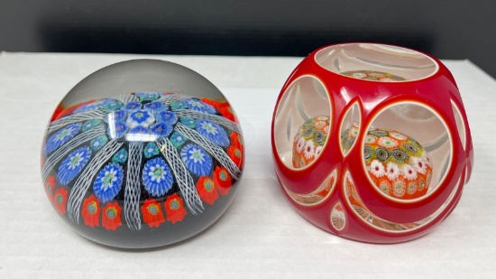 2 Art Glass Paperweights- Both with Millefiori Designs, Blue & Red