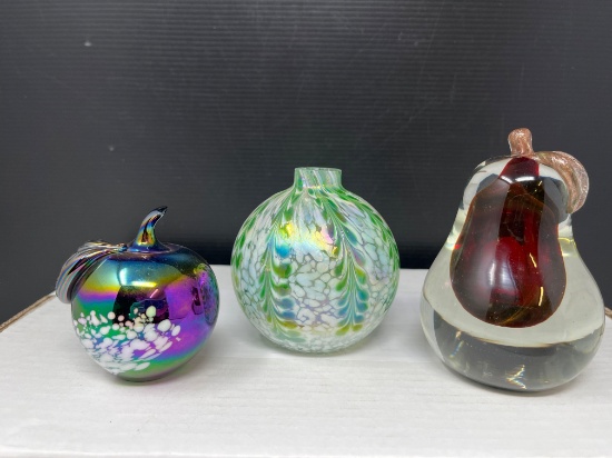 3 Art Glass Pieces- Iridescent Apple, Iridescent Swirl Vase and Red/Clear Pear