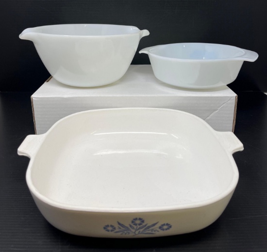 Corning Ware Casserole Dish, Fire King White Batter Bowl and Double Handled White Bowl