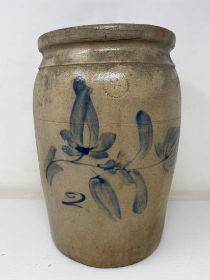 Antique 2 Gallon Blue Floral Decorated Stoneware Salt Glazed Crock
