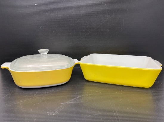Yellow Corning Ware Casserole Dish and Yellow Pyrex Rectangular Baking Dish