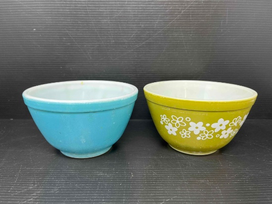 2 Vintage Pyrex Bowls- Blue and Avocado with White Flowers