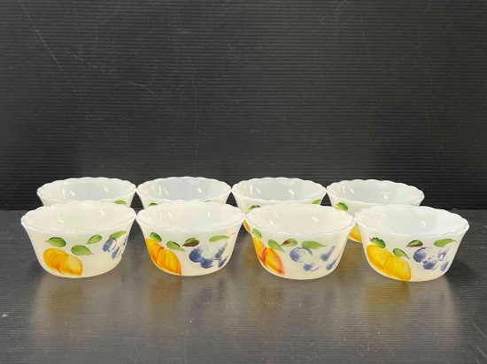 8 Fire King White Custard Cups with Hand-Painted Fruit Motif