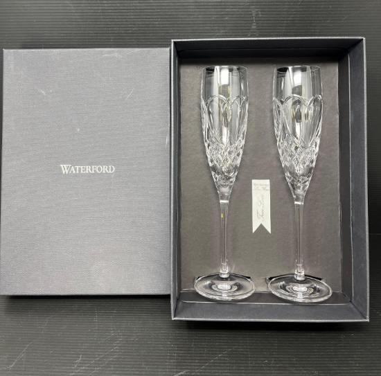 Pair of Waterford "True Love" Crystal Champagne Flutes, NEW in Box