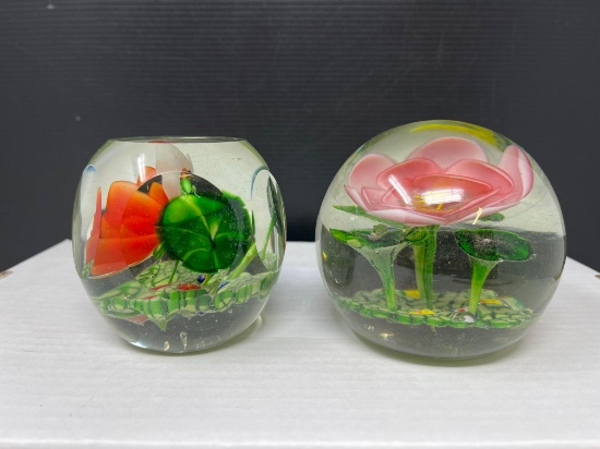 2 Art Glass Floral Paperweights