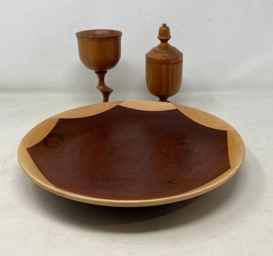 Mixed Wood Turned Bowl, Goblet and Lidded Container Set