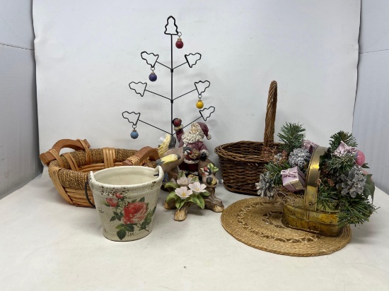 2 Baskets, Iron Tree, Brass Basket with Greens, Bird Figures, Flower Pot