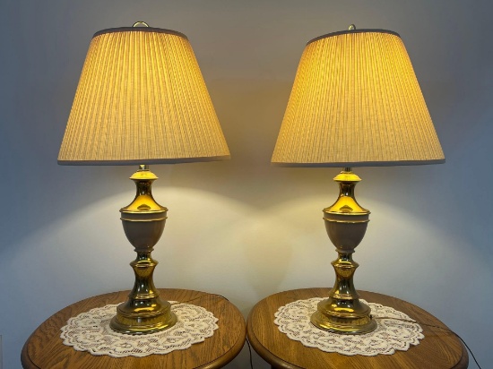 Pair of Brass Table Lamps with Pleated Shades