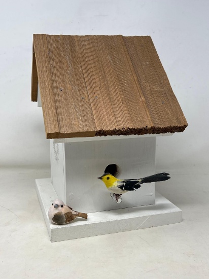 Birdhouse with Bird on Perch and Bird on Base