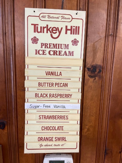 Vintage Plastic Turkey Hill Premium Ice Cream Sign with Flavors Listed and Extra Flavor Cards