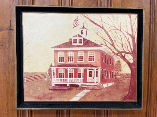 Framed Print of Old Blue Ball School House with Flag, Signed on Reverse "A. Richard Weaver"