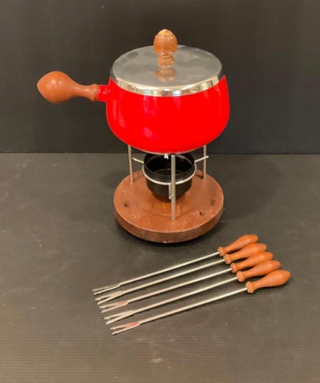Vintage Red Fondue Pot and Forks