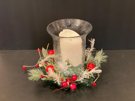 Pillar Candle in Glass Holder with Artificial Greens & Berries