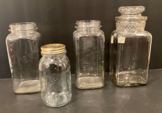 3 Canister Type Jars, One with Lid and Clear Canning Jar