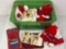 Green Plastic Tote with Christmas Linens, Stockings, Hats