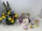 Easter Decorations- Cement Rabbit with Artificial Flowers, Rabbit Figures, Ornaments, Lidded Jar