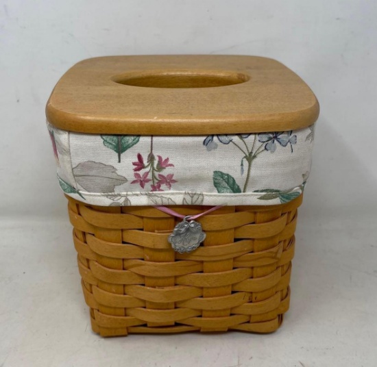 1999 Longaberger Tissue Box with Liner, Tie-On and Wooden Lid