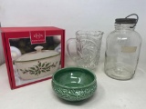 Lenox Lidded Holly Dish with Box, Clear Mug, Clear Jar with Lid and Green Ceramic Bowl