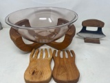 Glass Salad Bowl on Bamboo Stand with Bamboo Salad Claws and Wood-Handled Chopper on Wooden Stand