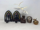 2 Metal Apple Figures, Sea Gull Sculpture and 2 Cast Iron Amish Candle Sconces