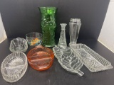 Glassware Grouping- Vases, Divided Dishes, Serving Trays, Bowls