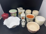 Miscellaneous Lot Including Pair of Vases, Pitcher, Other Vases, Candle Holder, Bowls, Lidded Crock