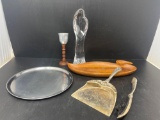 Wooden Monkey Pod Duck Dish, Silver Plate Crumber & Brush and Silver Tone Platter