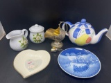 Tea Pot, Floral Sugar & Creamer, Silver Plate Creamer/Scoop, Heart Dish, 1969 B & G Christmas Plate