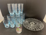 12 Blue Glass Water Glasses, Christmas Glass and Glass Platter