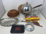 Wooden & Cork Trivets, Fondue Set, Decorated Tin Trays, Silver Plate Tray, More