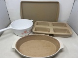 Pampered Chef Stoneware Items- Loaf Pan, Baking Sheet and Round Baker and Floral Sauce Pan
